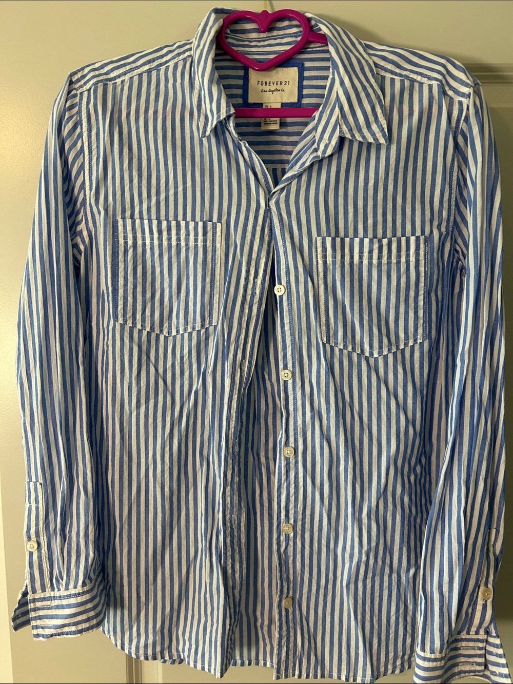 Forever 21 Blue & White Vertical Stripe Casual Button-Down Shirt